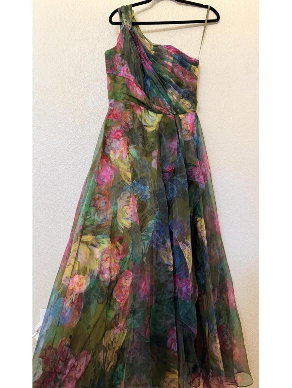 New Xscape Evenings One-Shoulder Floral Organza Gown In Green/ Multi Sz 8 $298 - Picture 7 of 13